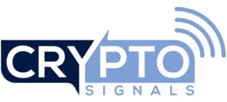 The image shows a logo with the words "CRYPTO SIGNALS." "CRY" is in dark blue, "PTO" in light blue with radio signal lines above it, and "SIGNALS" in smaller light blue letters below "PTO.