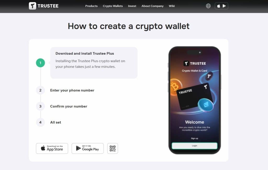 A webpage titled "How to create a crypto wallet" shows step-by-step instructions and an image of a phone displaying the Trustee Wallet app. Download options for App Store and Google Play are at the bottom.