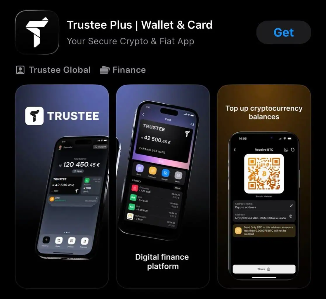 App store preview for Trustee Wallet, a crypto and fiat wallet app. Three phone screens show balance, transaction history, and a QR code for topping up cryptocurrency. Text: “Digital finance platform” and “Top up cryptocurrency balances.”.