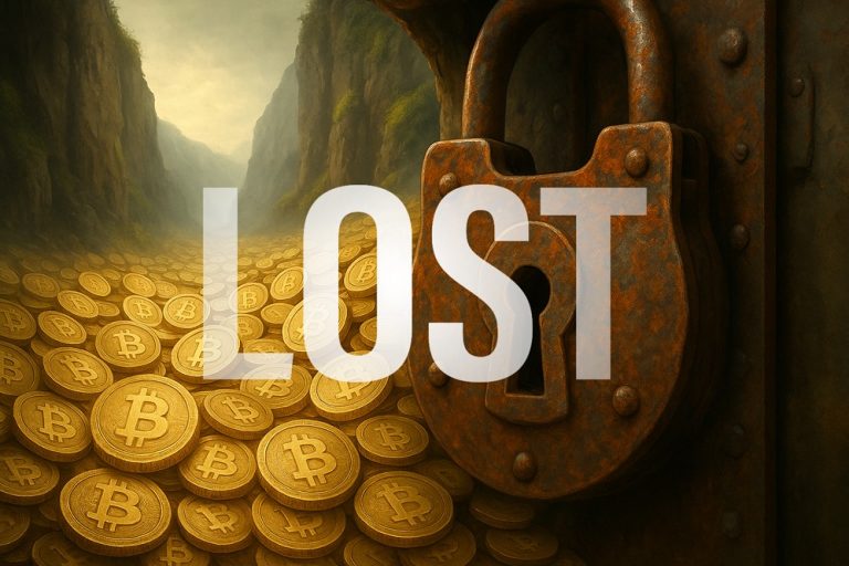 Um grande cadeado está ao lado de uma pilha de Bitcoins em uma paisagem rochosa, com a palavra ‘LOST’ em letras brancas e em negrito sobre a imagem.