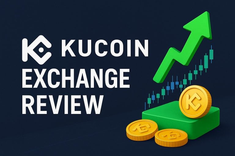 Um gráfico com o logótipo da KuCoin e as palavras "KuCoin Exchange Review", apresentando moedas de ouro com o símbolo da KuCoin, uma seta verde para cima e um gráfico de ações, tudo sobre um fundo azul escuro. Perfeito para destacar o crescimento da KuCoin. 