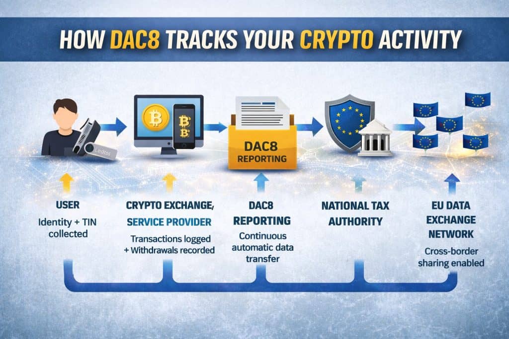 Um infográfico mostra como a DAC8 rastreia a atividade em cripto: informações do usuário são coletadas; transações são registradas pelo serviço de cripto; os dados são enviados para o reporte da DAC8; e as autoridades fiscais nacionais recebem as informações, marcando como a privacidade em cripto na UE termina à medida que os dados são compartilhados por toda a UE via rede de troca de informações.