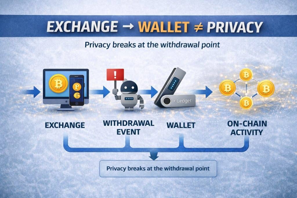 Um fluxograma mostra o bitcoin saindo de uma exchange para uma wallet e, depois, para a atividade on-chain. Um ícone de robô marca a quebra de privacidade no momento do saque. Texto: “EXCHANGE → WALLET ≠ PRIVACIDADE. A privacidade cripto na UE termina no ponto do saque.”