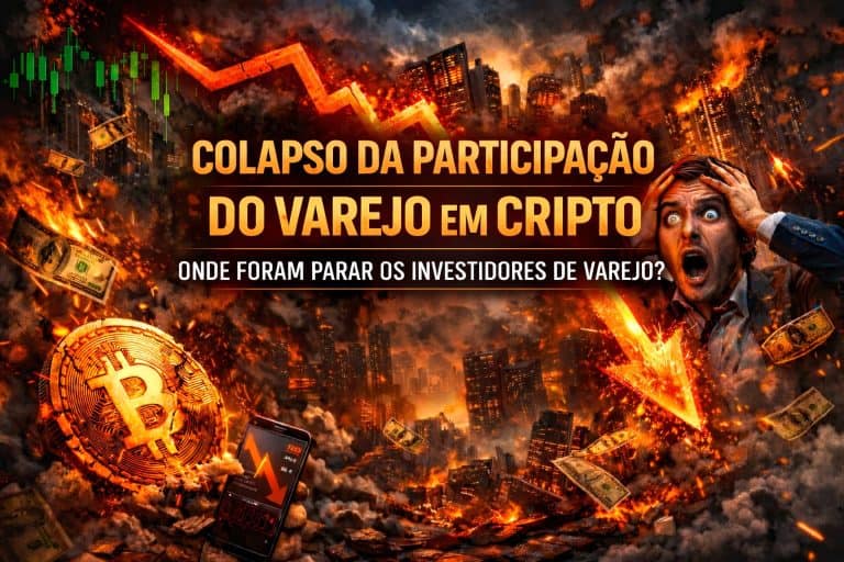 Uma cena urbana caótica com prédios em chamas, dinheiro caindo, um grande símbolo do Bitcoin e um homem de terno em pânico. Em destaque, o texto “Colapso da Participação do Varejo em Cripto”, enquanto gráficos e setas descendentes reforçam a queda da participação do varejo no mercado cripto.