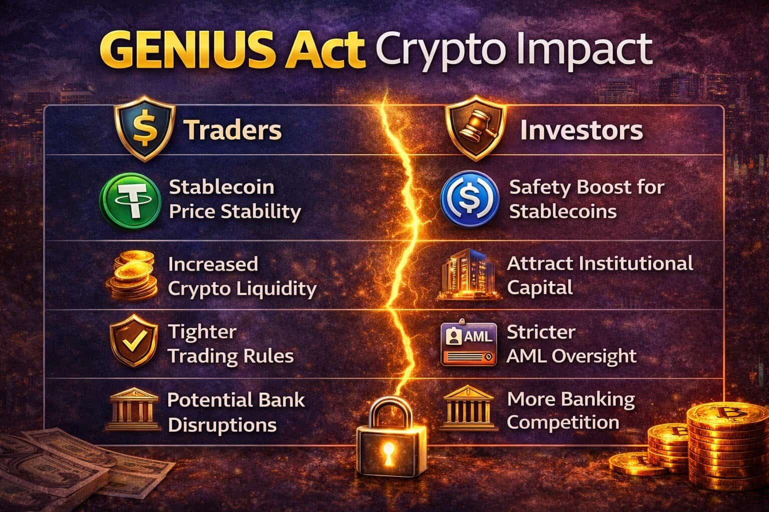Um gráfico colorido intitulado “Impacto do GENIUS Act no Mercado Cripto” compara visualmente como essa legislação pode afetar traders e investidores, destacando benefícios como maior estabilidade de preços e desafios como regras mais rígidas, pressão sobre bancos e maior concorrência.