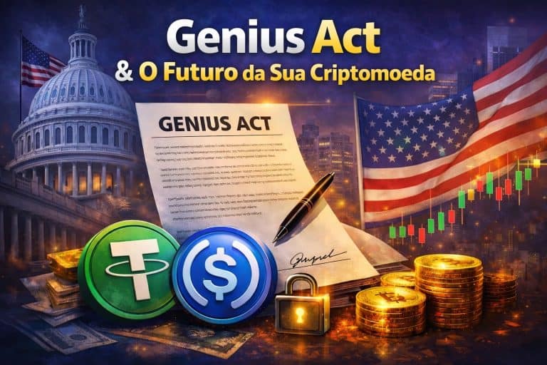 Uma ilustração digital mostra o Capitólio dos EUA, um contrato com o título “GENIUS ACT”, bandeiras americanas, moedas de criptomoedas, os logotipos da Tether e da USD Coin, um cadeado e um gráfico de candles em alta, destacando o impacto do GENIUS Act na regulação do mercado cripto.