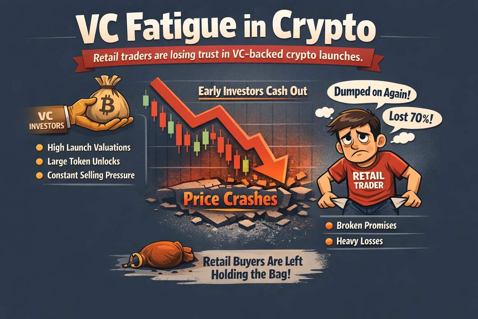 Ilustração com o título “Fadiga de VC no Mercado Cripto”, mostrando um gráfico com preços em forte queda, um trader de varejo preocupado e ícones representando altas valorizações iniciais, desbloqueios de tokens (token unlocks) e perdas acumuladas. O texto destaca o colapso da participação do varejo em cripto, mostrando compradores que ficam “segurando o prejuízo” após a queda dos preços.