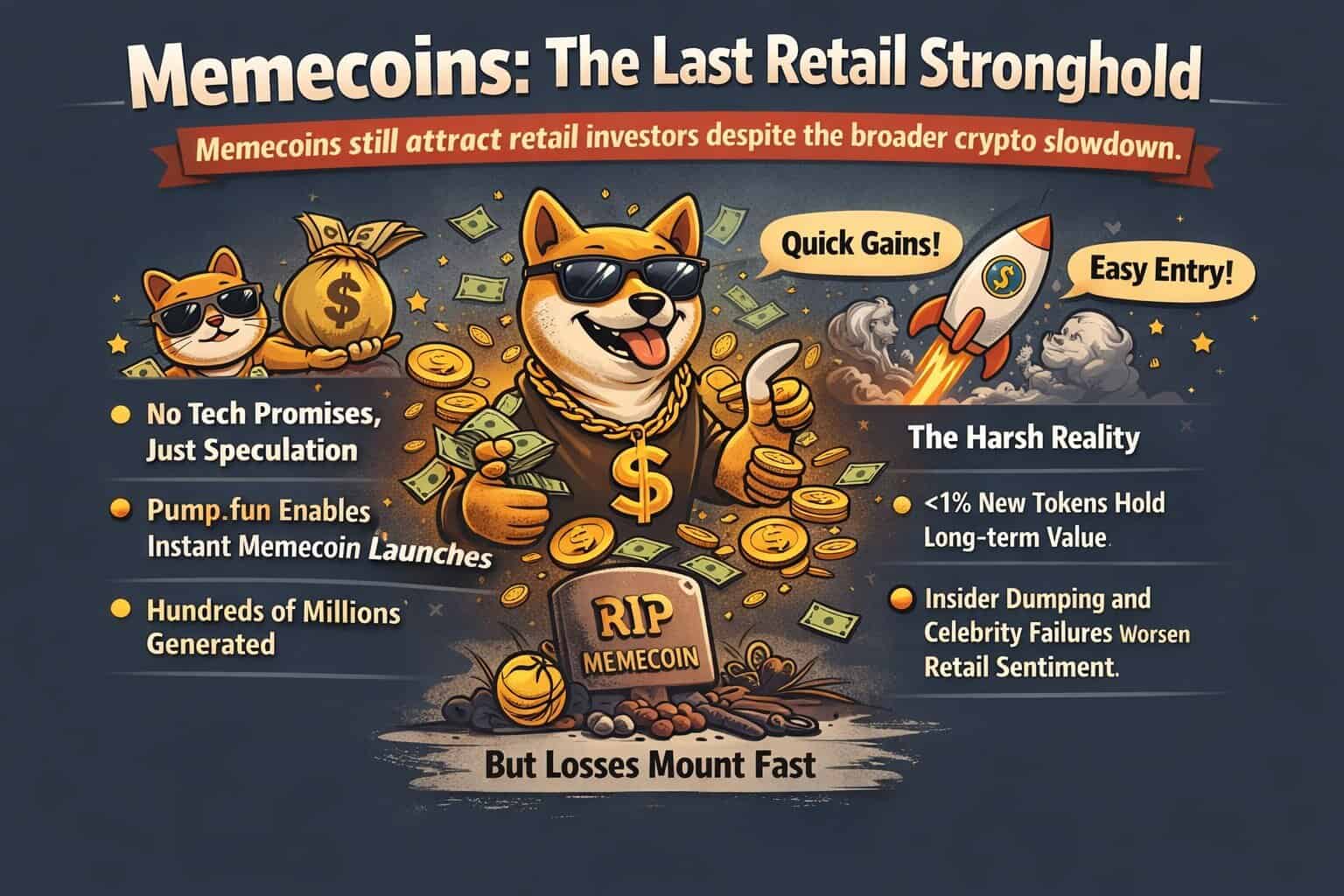 Ilustração de um cachorro em estilo cartoon usando óculos escuros, cercado por moedas, notas de dólar e símbolos financeiros, representando os prós e contras das memecoins. O texto destaca ganhos rápidos e entrada facilitada, mas também os riscos de perdas e o colapso da participação do varejo em cripto.