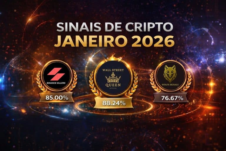 Um gráfico promocional dos Sinais de Cripto Janeiro 2026 destaca três principais grupos — Binance Killers (85,00%), Wall Street Queen (88,24%) e WolfX (76,67%) — sobre um fundo digital iluminado, com coroas de louros douradas.