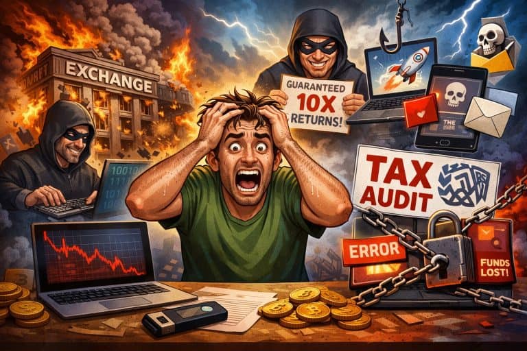 Um homem estressado sentado à mesa em meio a quedas nas ações, notificações de fundos perdidos e documentos de auditoria fiscal, cercado por hackers mascarados, bancos em chamas, golpes e mensagens de erro — representando o caos financeiro e o que não fazer depois de comprar cripto.