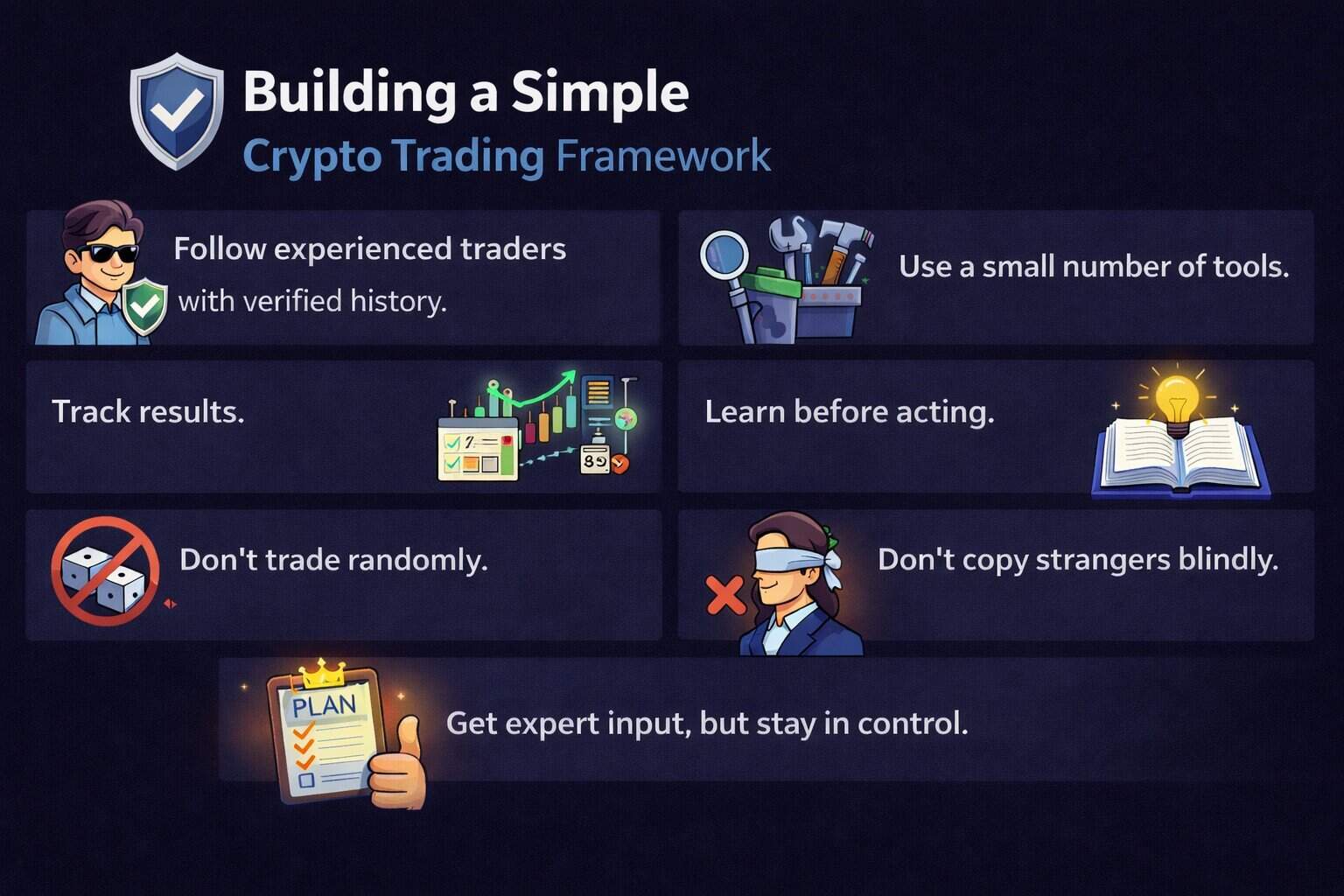 An infographic titled "Building a Simple Crypto Trading Framework" with tips: follow experienced traders, use few tools, track results, learn before acting, and know what not to do after buying crypto—like trading randomly or copying strangers blindly.