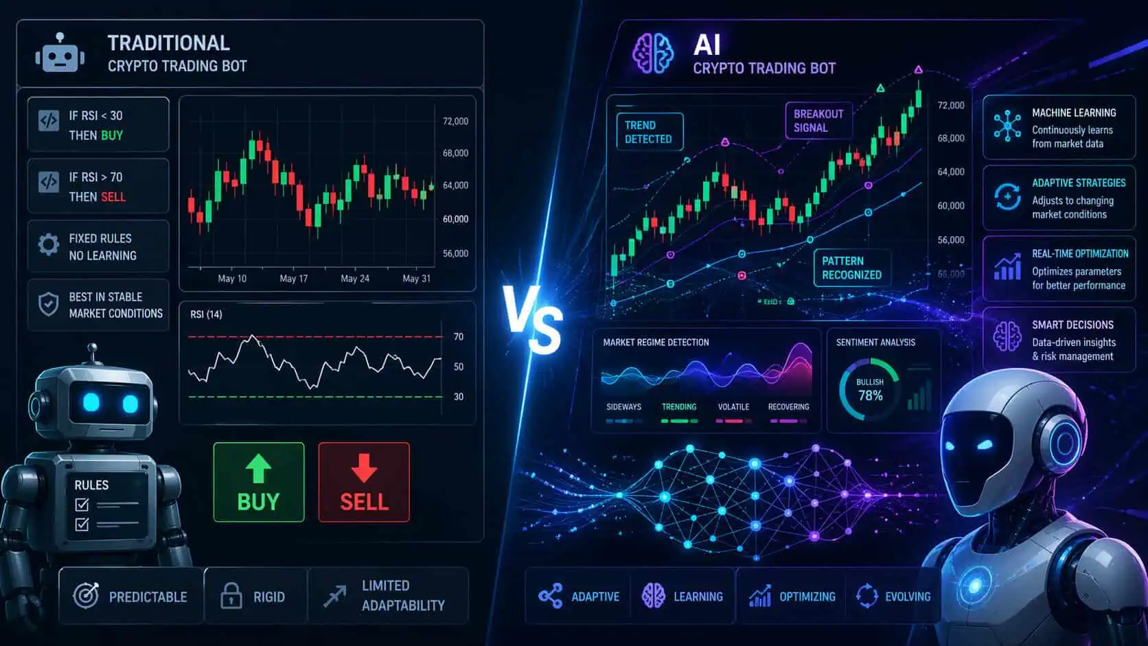 Side-by-side comparison of traditional bots and advanced AI crypto trading bots, featuring charts, stats, and robot avatars. The AI bot boasts detected signals, sentiment analysis, and smart features for enhanced trading.