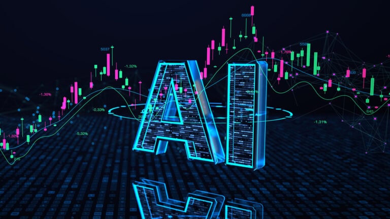 Um gráfico digital com grandes letras AI brilhantes em primeiro plano, com gráficos de candles do mercado financeiro e pontos de dados coloridos sobre um fundo escuro, simbolizando bots de trading de cripto com IA no universo das finanças ou do trading.