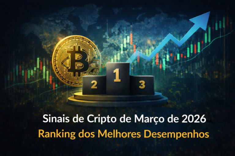 Uma moeda dourada de Bitcoin, um pódio de vencedores marcado com 2, 1 e 3, e uma seta azul em alta aparecem sobre gráficos digitais de preços. O texto diz: Sinais de Cripto de Março de 2026 - Ranking dos Melhores Desempenhos