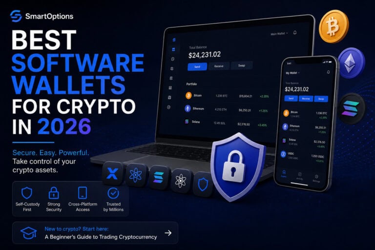 Um anúncio digital para "Melhores Carteiras de Software de Cripto para 2026" mostra um portátil e um smartphone com interfaces de carteira, ícones para funcionalidades de segurança, criptomoedas e um escudo com um cadeado, enfatizando a segurança e facilidade de usar carteiras de software de cripto.
