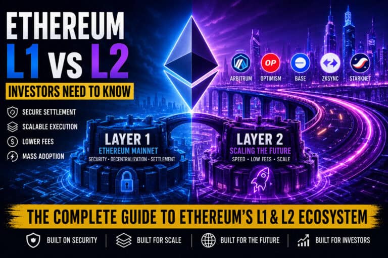Um infográfico em imagem dividida intitulado "Ethereum L1 vs L2" compara o Ethereum Layer 1 (mainnet: segurança, descentralização, liquidação) e o Ethereum Layer 2 (escalabilidade para velocidade, taxas baixas), com ícones, recursos principais e exemplos em destaque.