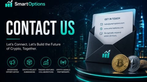 An advertisement for SmartOptions displays a contact SmartOptions card in a black envelope, digital crypto service icons, and Bitcoin and Ethereum coins on a reflective surface. The text encourages viewers to connect and help build the future of crypto.