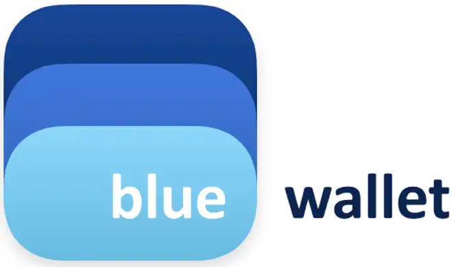 Logótipo da BlueWallet: três retângulos azuis arredondados sobrepostos em tons gradientes, com "blue" em texto branco na forma mais clara. A palavra "wallet" em azul escuro, referenciando carteiras de software de cripto, está escrita à direita. 