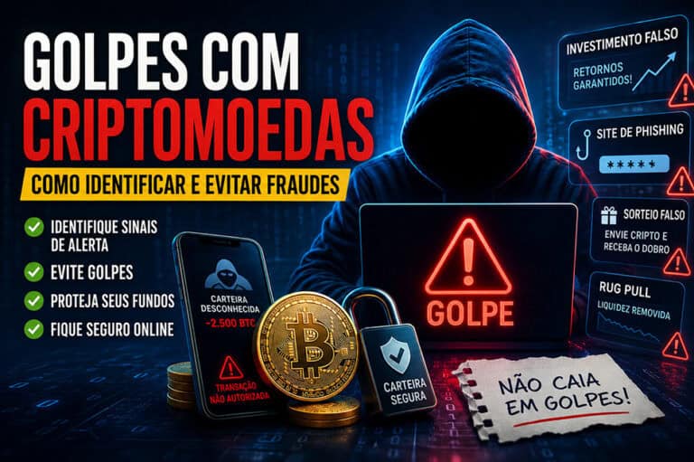 Uma figura encapuzada está sentada diante de um laptop com um triângulo vermelho de alerta e o texto SCAM. Moedas de Bitcoin e ícones de wallets seguras e não autorizadas destacam os golpes com criptomoedas, enquanto dicas para evitá-los, alertas e tipos de golpes aparecem em ambos os lados.