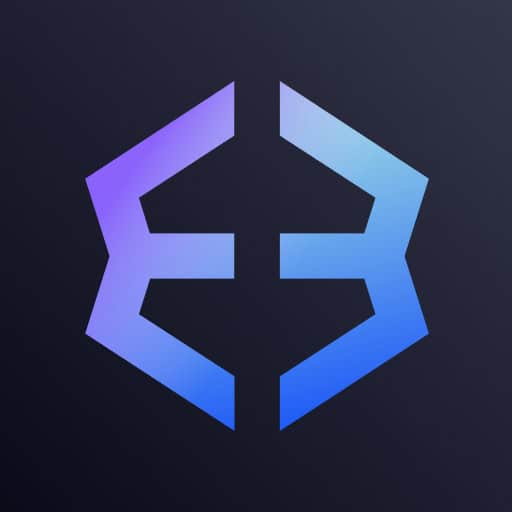 Logótipo geométrico com duas formas espelhadas formando um "E" e "B" estilizados num gradiente de roxo para azul sobre um fundo cinza escuro, refletindo inovação adequada para carteiras de software de cripto.