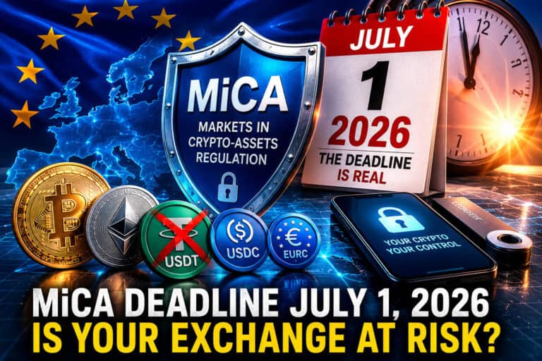 Uma imagem digital mostra moedas de cripto (Bitcoin, Ethereum, USDT, USDC, Euro), um calendário com o prazo do MiCA de 1º de julho de 2026, um escudo com “MiCA Markets in Crypto-Assets Regulation” e o texto: “A tua exchange está em risco?”.