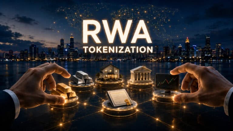 Duas mãos interagem com ícones digitais que representam barras de ouro, imóveis, documentos, um banco e um gráfico de mercado. O texto "Real World Asset Tokenization" brilha acima de um horizonte vibrante da cidade à noite. 