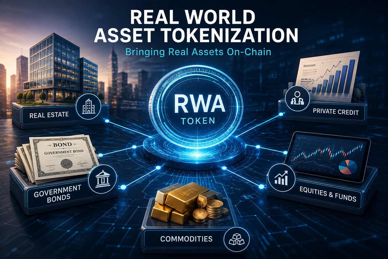 Digital graphic illustrating Real World Asset Tokenization, featuring a central “RWA Token” surrounded by icons for real estate, private credit, government bonds, gold bars (commodities), and equities & funds.