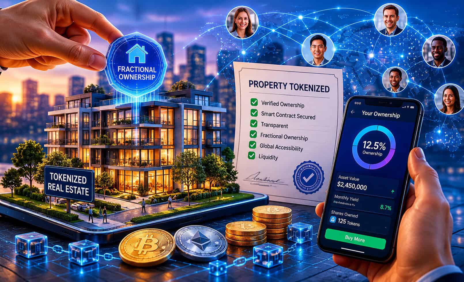 A hand selects "Fractional Ownership" over a modern building model labeled "Tokenized Real Estate," with coins, a smartphone showing 12.5% ownership, a property tokenized certificate, and people digitally connected—showcasing Real World Asset Tokenization.