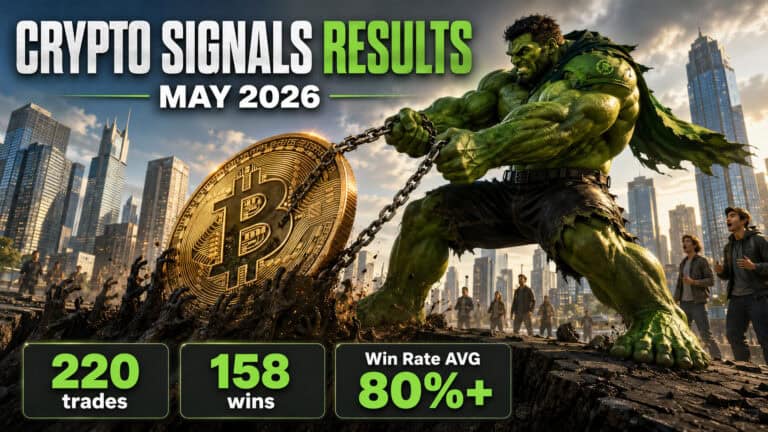 O Hulk puxa uma moeda gigante de Bitcoin do chão em meio a uma paisagem urbana. O texto diz “Resultados de sinais de cripto de maio de 2026” e lista 220 trades, 158 vitórias e uma taxa de ganho média acima de 80%. Pessoas observam ao fundo.  