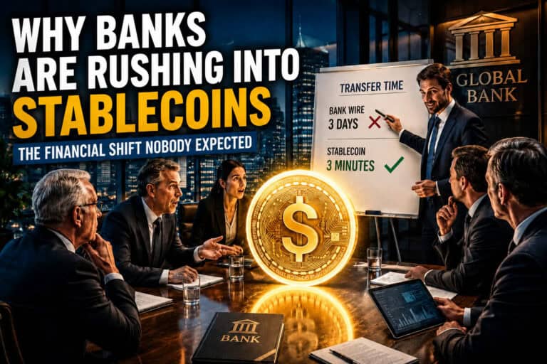 Uma reunião de negócios em um escritório moderno mostra um homem apresentando um gráfico que compara transferências bancárias (3 dias) com transferências via stablecoin (3 minutos), destacando por que os bancos querem stablecoins. Um texto grande diz: "Por que os bancos estão correndo para as stablecoins." 