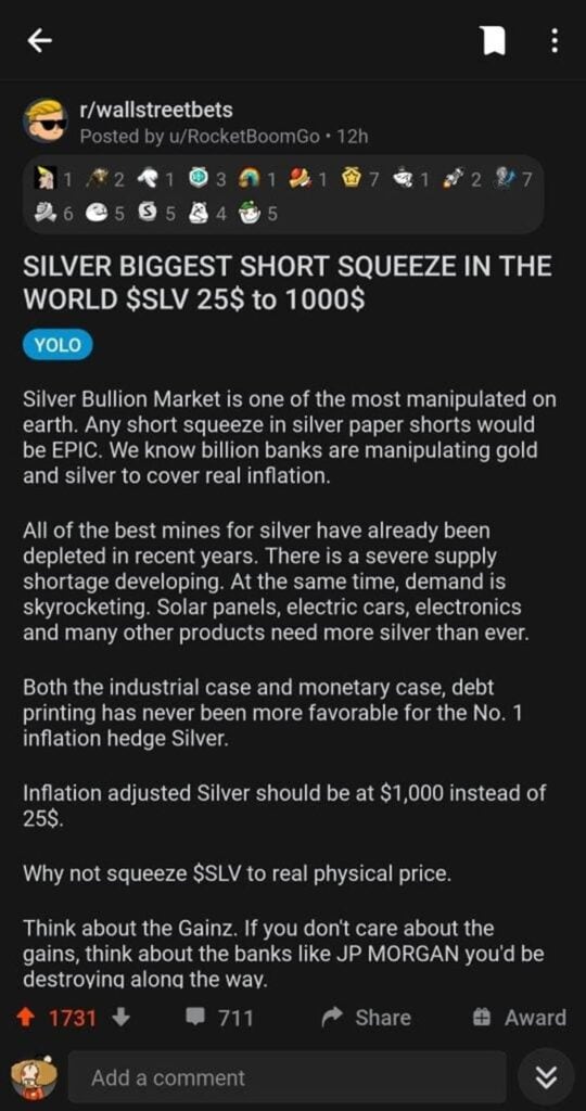 Um post no Reddit do WallStreetBets discute o potencial de um short squeeze massivo na prata ($SLV), citando a Manipulação da Prata pela JP Morgan e incentivando os usuários a comprar prata, afirmando que os responsáveis devem ser responsabilizados — “Prendam eles!”