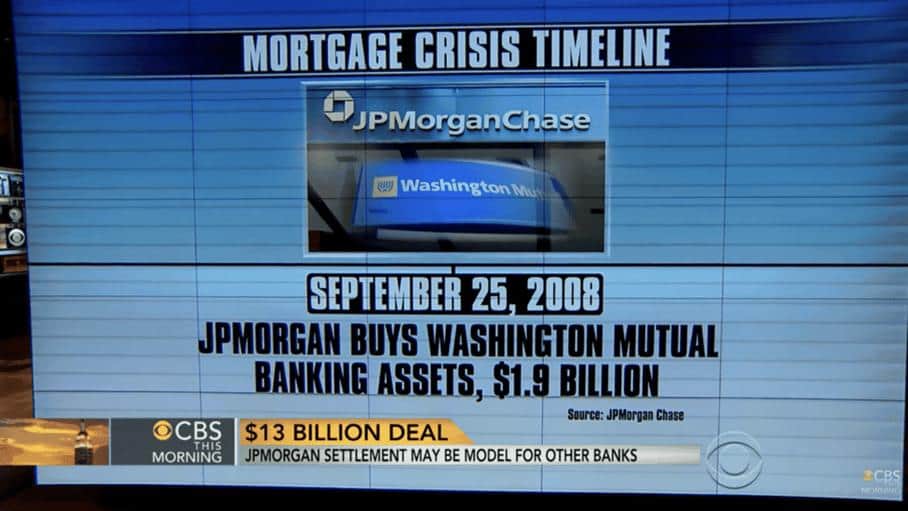 Um gráfico de notícias de TV exibe uma "Cronologia da Crise Hipotecária", observando que em 25 de setembro de 2008, a JP Morgan comprou os ativos bancários do Washington Mutual por 1,9 mil milhões de dólares. Um banner da CBS destaca um acordo de 13 mil milhões de dólares em meio a debates contínuos sobre Manipulação da Prata.