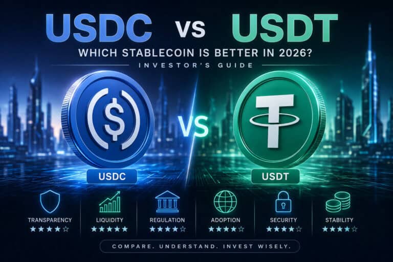 Um gráfico digital compara as stablecoins USDC vs USDT para 2026, classificando cada uma em transparência, liquidez, regulamentação, adoção, segurança e estabilidade, com ícones de moedas circulares e um fundo de cidade futurista.