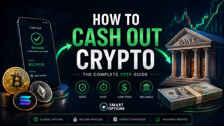 Um gráfico promocional intitulado “Como sacar cripto: o guia completo de 2026” mostra um celular com uma tela de Como sacar cripto, ícones de criptomoedas, um prédio de banco, pilhas de dinheiro e ícones de confiabilidade.