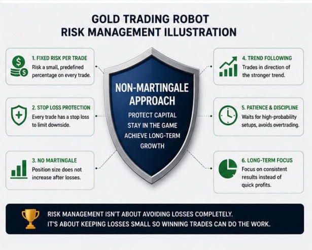 Infographic of a shield labeled "Non-Martingale Approach," illustrating six Forex Robots for Gold risk management steps with icons and descriptions, all focusing on capital protection, discipline, and long-term growth.