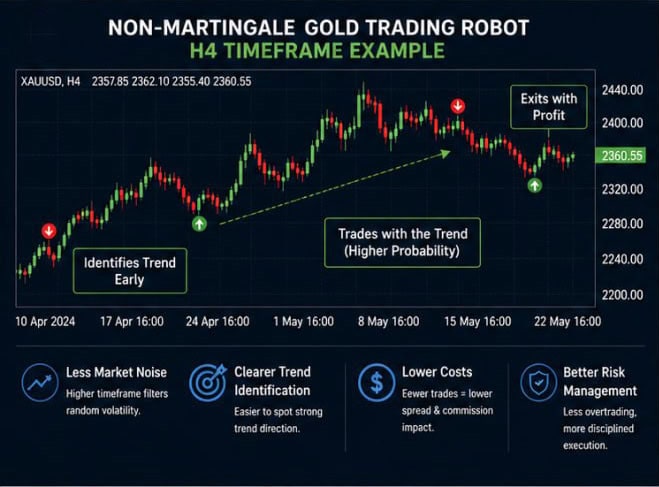 A gold price chart with buy and sell signals demonstrates Forex Robots for Gold using a non-martingale strategy. Key benefits, including early trend identification, trend trading, lower costs, and better risk management, are highlighted with icons and text.