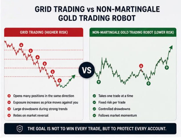 Comparison chart: ‘Grid Trading (Higher Risk)’ with a declining red graph and cons versus ‘Non-Martingale Gold Trading Robot (Lower Risk)’ using Forex Robots for Gold, featuring a rising green graph and pros, separated by a bold "VS" symbol.