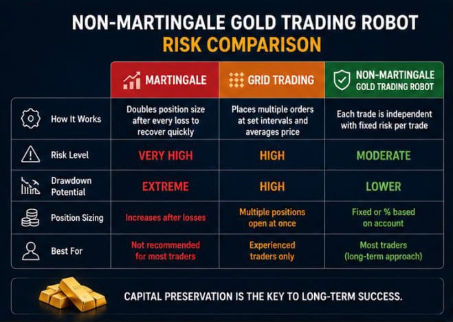 Infographic comparing Forex Robots for Gold—Martingale, Grid Trading, and Non-Martingale—by risk, drawdown, position sizing, and suitability, highlighting Non-Martingale as the safest choice and best suited for most traders.