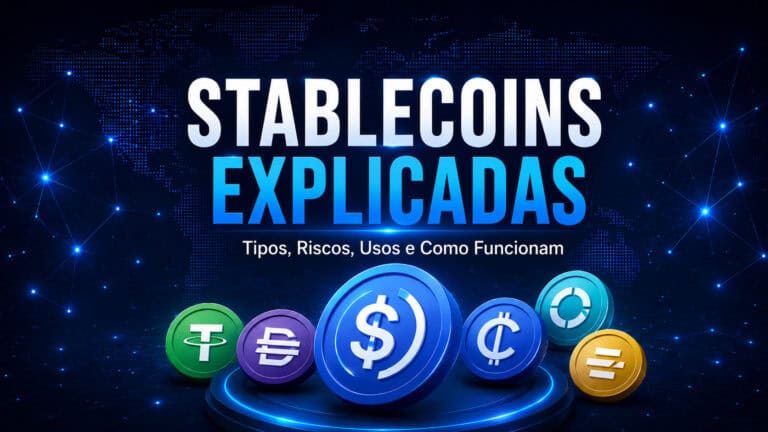 Stablecoins Explicadas em destaque acima de icones que representam diversas stablecoins, com um fundo de rede digital. Subtítulo em português: "Tipos, Riscos, Usos e Como Funcionam". Perfeito para quem deseja entender o universo das Stablecoins Explicadas de forma clara e visual.
