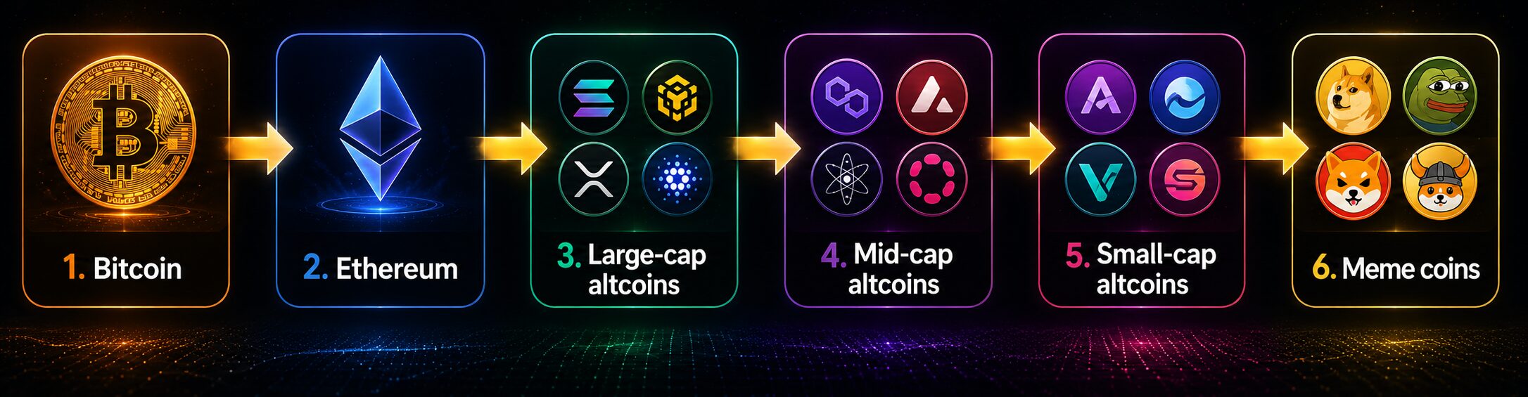 A graphic illustrates the progression of Crypto Market Cycles, moving from Bitcoin to Ethereum, large-cap altcoins, mid-cap altcoins, small-cap altcoins, and meme coins—each represented by logos and numbered boxes connected by gold arrows.