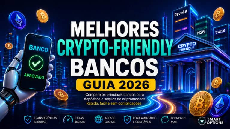 Imagem em estilo futurista e neon sobre os Melhores Bancos Crypto-Friendly. No centro, aparece o título “Melhores Crypto-Friendly Bancos – Guia 2026”. À esquerda, uma mão robótica segura um celular com a palavra “Banco” e o status “Aprovado”. Ao fundo, há uma cidade tecnológica com prédios iluminados, incluindo nomes como Revolut, N26 e Wise. À direita, um prédio bancário com letreiro “Crypto Friendly” aparece cercado por moedas de Bitcoin e Ethereum. Na parte inferior, há ícones destacando benefícios como transferências seguras, taxas baixas, acesso global e bancos regulamentados.