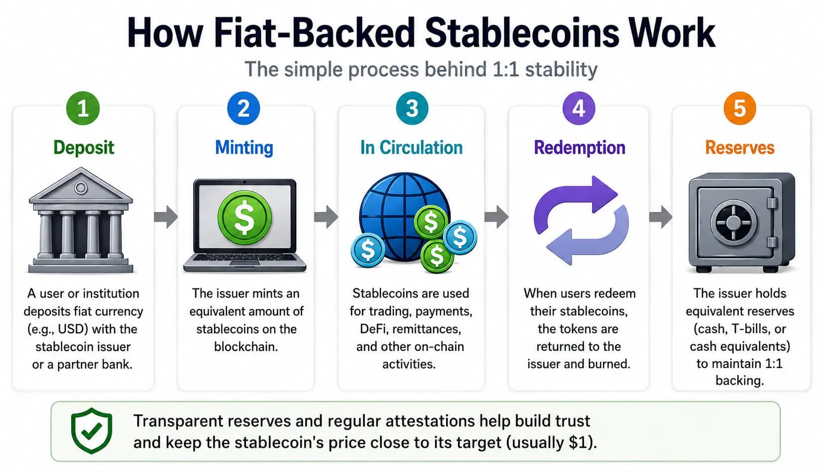 A flowchart showing how fiat-backed stablecoins work with five steps: Deposit, Minting, In Circulation, Redemption, and Reserves. Featuring icons and brief descriptions for each process, this visual guide provides Stablecoins Explained in a clear and straightforward way.