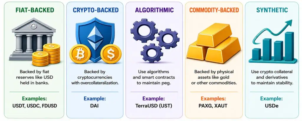 Stablecoins Explained: Discover five types of stablecoins—fiat-backed, crypto-backed, algorithmic, commodity-backed, and synthetic. Each category includes unique icons, concise descriptions, and examples such as USDT, DAI, UST, PAXG, and USDe.